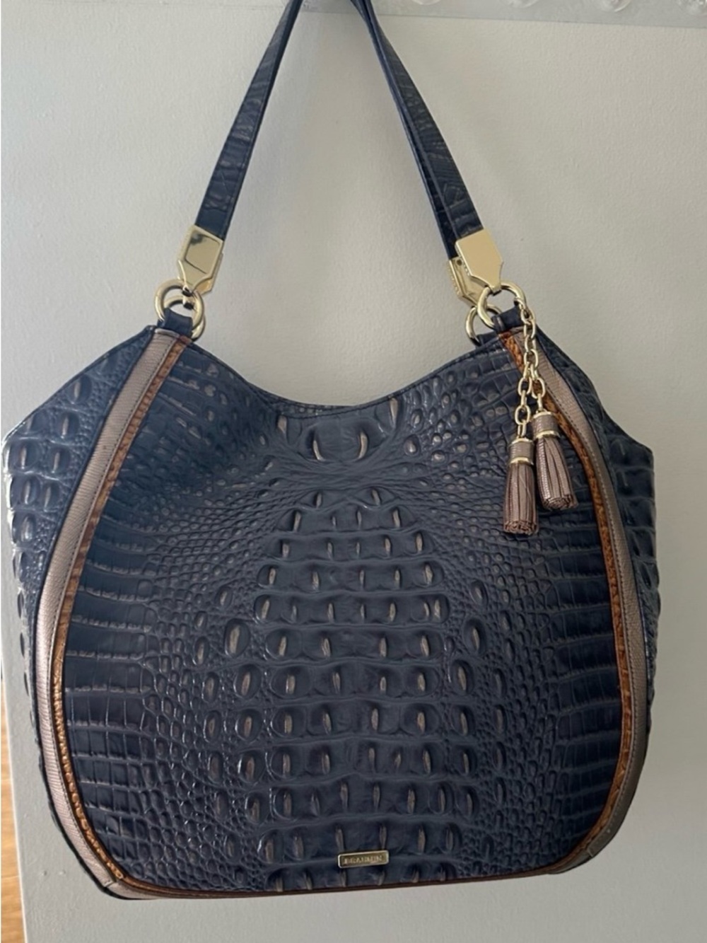 Structured Croc-Embossed Navy Shoulder Bag with Tassel Accent